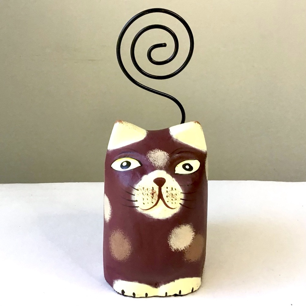 Pier 1 Cat Tail Photo Card Note Holder Whimsical Kitty Folk Art Painted Wood